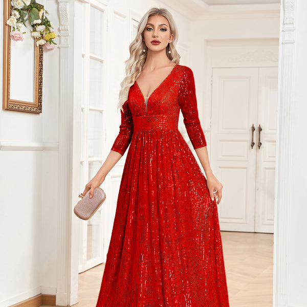 Sequin V-Neck Long Sleeveless A-Line Floor Length Navy Blue Prom/Evening Dress