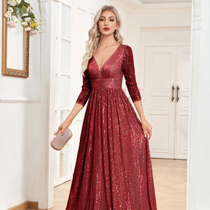Sequin V-Neck Long Sleeveless A-Line Floor Length Navy Blue Prom/Evening Dress