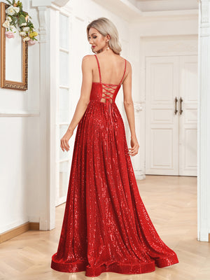Sequin V-Neck Spaghetti Straps A-Line Floor Length Prom/Evening Dress