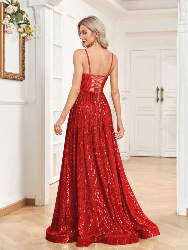 Sequin V-Neck Spaghetti Straps A-Line Floor Length Prom/Evening Dress