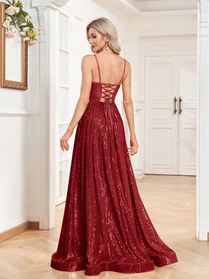 Sequin V-Neck Spaghetti Straps A-Line Floor Length Prom/Evening Dress