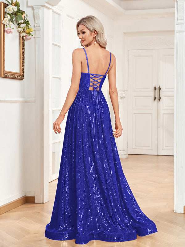Sequin V-Neck Spaghetti Straps A-Line Floor Length Prom/Evening Dress