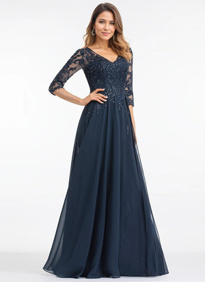 A-line V-Neck Floor-Length Lace Chiffon Mother of the Bride Dress With Sequins