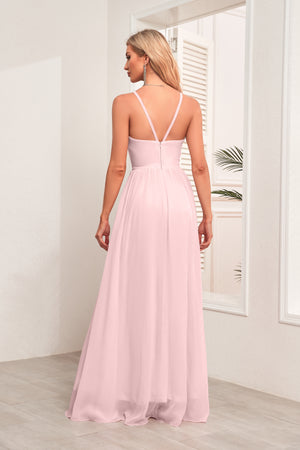 A-line Halter Floor-Length Chiffon Bridesmaid Dress