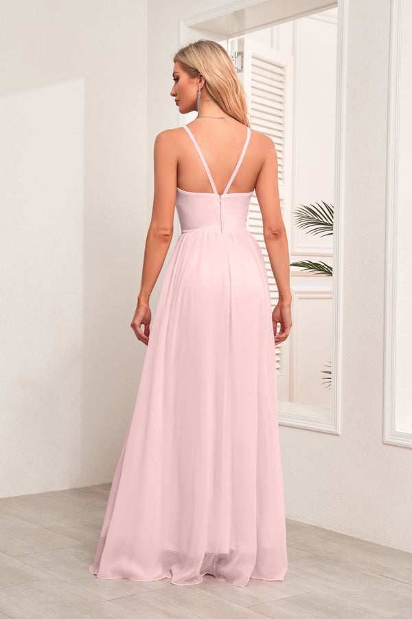 A-line Halter Floor-Length Chiffon Bridesmaid Dress