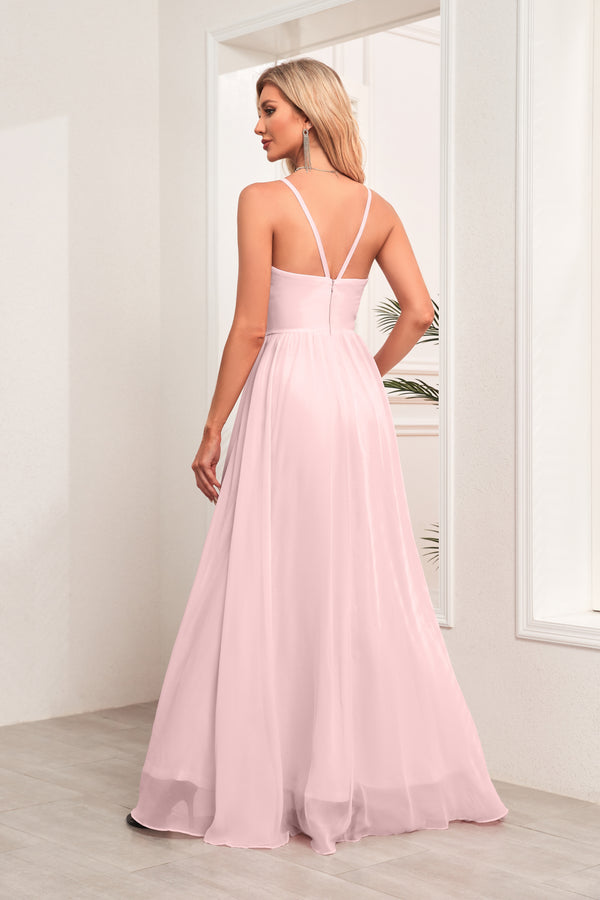A-line Halter Floor-Length Chiffon Bridesmaid Dress