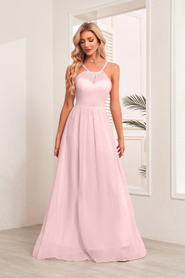 A-line Halter Floor-Length Chiffon Bridesmaid Dress
