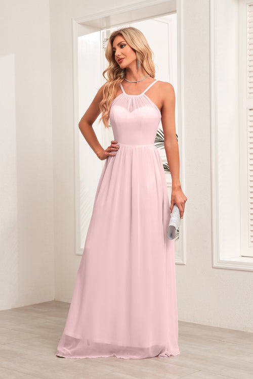 A-line Halter Floor-Length Chiffon Bridesmaid Dress