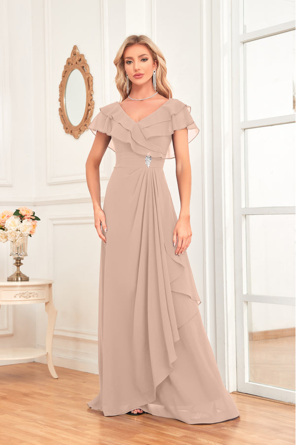 A-line V-Neck Floor-Length Chiffon Dress With Ruffle