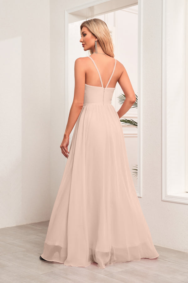 A-line Halter Floor-Length Chiffon Bridesmaid Dress