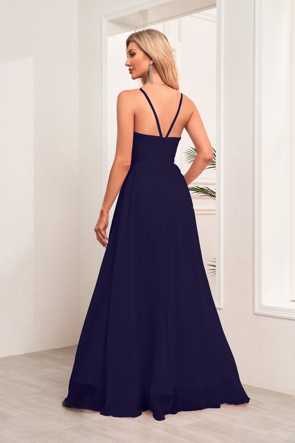 A-line Halter Floor-Length Chiffon Bridesmaid Dress