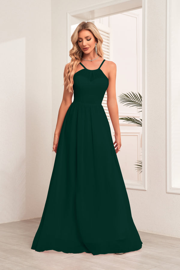 A-line Halter Floor-Length Chiffon Bridesmaid Dress