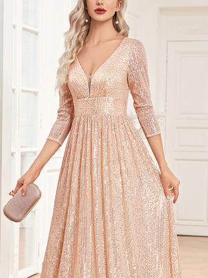 Sequin V-Neck Long Sleeveless A-Line Floor Length Navy Blue Prom/Evening Dress