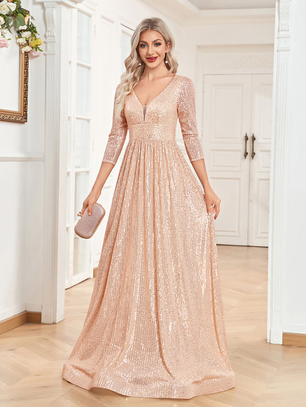 Sequin V-Neck Long Sleeveless A-Line Floor Length Navy Blue Prom/Evening Dress