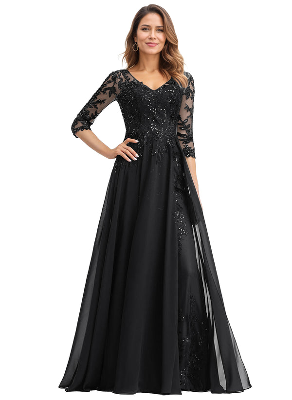 A-line V-Neck Floor-Length Lace Chiffon Mother of the Bride Dress With Sequins