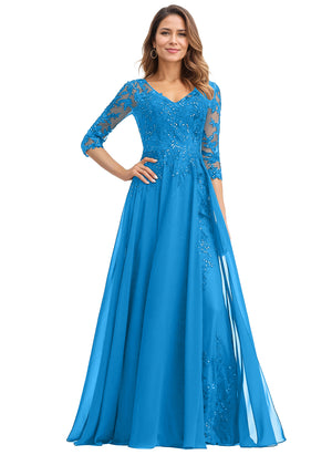 A-line V-Neck Floor-Length Lace Chiffon Mother of the Bride Dress With Sequins