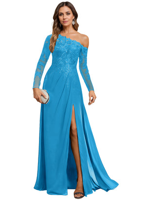 Trumpet/Mermaid Asymmetrical Illusion Floor-Length Lace Chiffon Evening Dress With Sequins