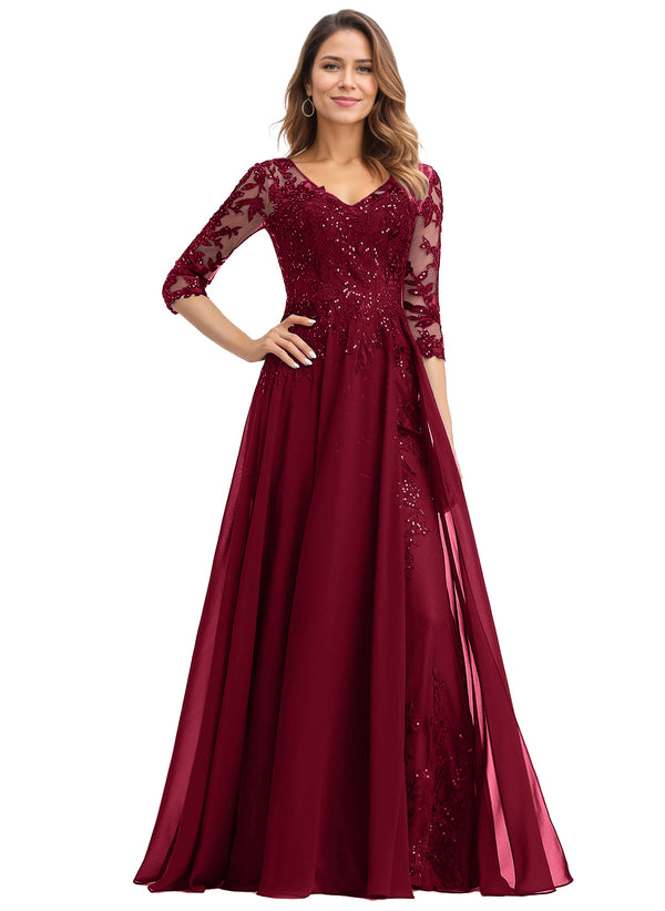 A-line V-Neck Floor-Length Lace Chiffon Mother of the Bride Dress With Sequins