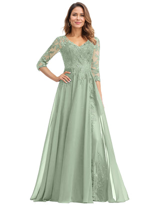 A-line V-Neck Floor-Length Lace Chiffon Mother of the Bride Dress With Sequins