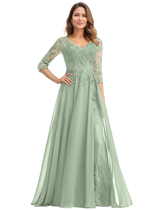 A-line V-Neck Floor-Length Lace Chiffon Mother of the Bride Dress With Sequins