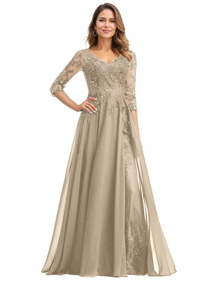 A-line V-Neck Floor-Length Lace Chiffon Mother of the Bride Dress With Sequins