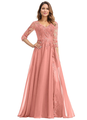 A-line V-Neck Floor-Length Lace Chiffon Mother of the Bride Dress With Sequins