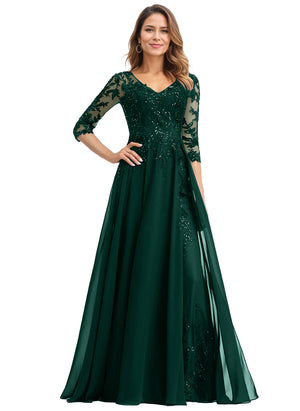 A-line V-Neck Floor-Length Lace Chiffon Mother of the Bride Dress With Sequins