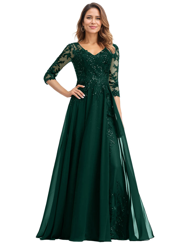 A-line V-Neck Floor-Length Lace Chiffon Mother of the Bride Dress With Sequins