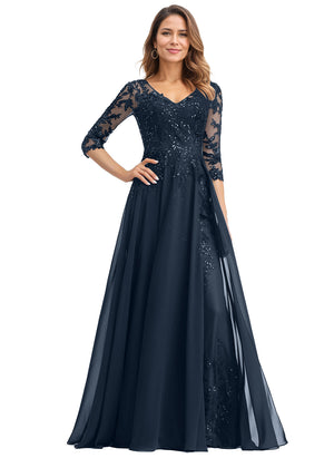 A-line V-Neck Floor-Length Lace Chiffon Mother of the Bride Dress With Sequins