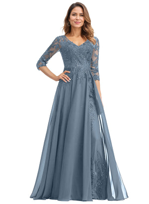 A-line V-Neck Floor-Length Lace Chiffon Mother of the Bride Dress With Sequins