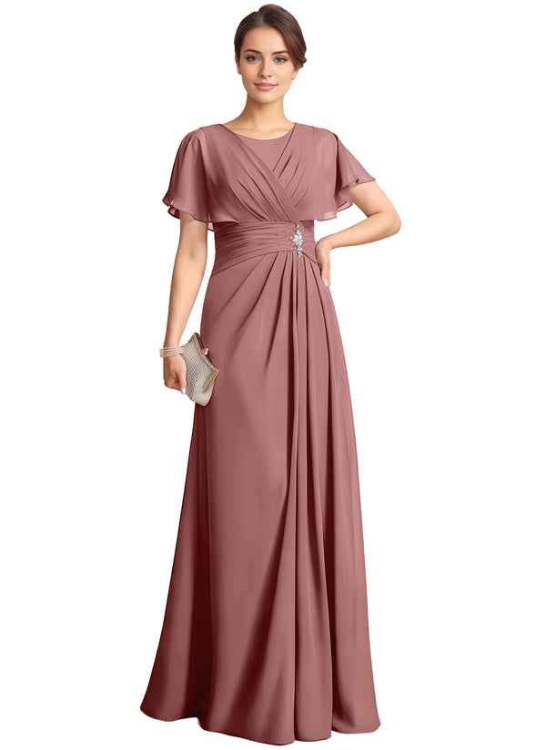 A-line Scoop Floor-Length Chiffon Mother of the Bride Dress With Pleated Beading