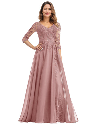 A-line V-Neck Floor-Length Lace Chiffon Mother of the Bride Dress With Sequins