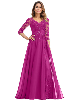 A-line V-Neck Floor-Length Lace Chiffon Mother of the Bride Dress With Sequins