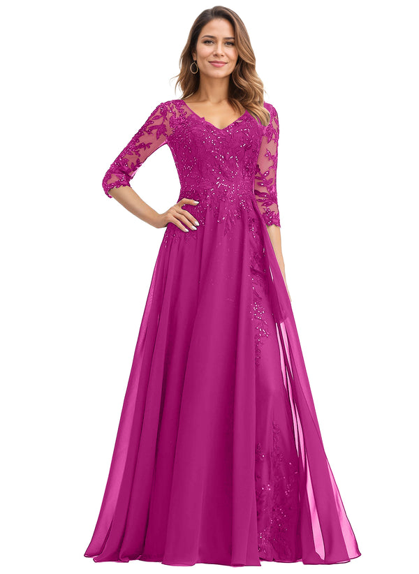 A-line V-Neck Floor-Length Lace Chiffon Mother of the Bride Dress With Sequins