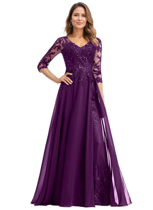 A-line V-Neck Floor-Length Lace Chiffon Mother of the Bride Dress With Sequins