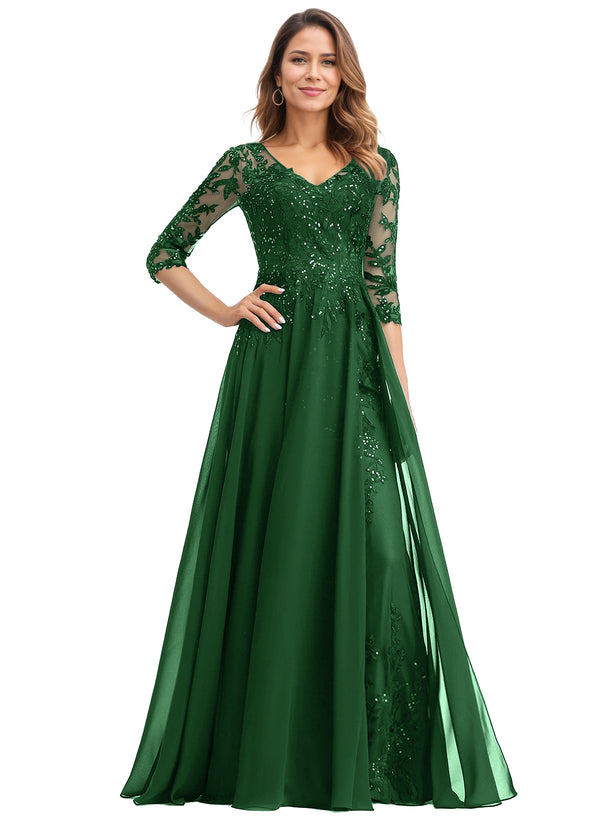 A-line V-Neck Floor-Length Lace Chiffon Mother of the Bride Dress With Sequins