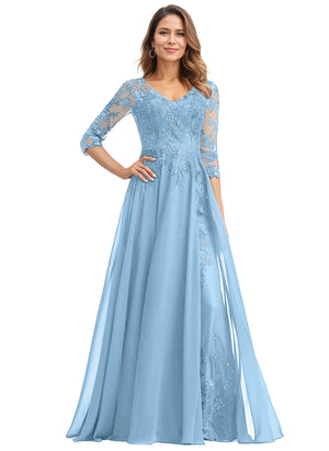 A-line V-Neck Floor-Length Lace Chiffon Mother of the Bride Dress With Sequins