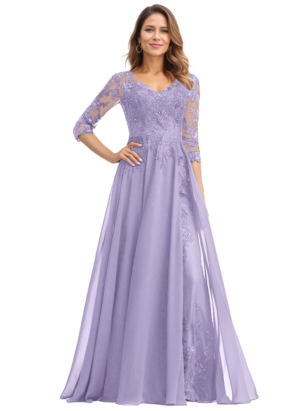 A-line V-Neck Floor-Length Lace Chiffon Mother of the Bride Dress With Sequins