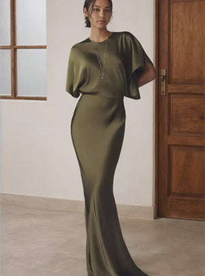 Mermaid Reverse Obie Satin Maxi Short Sleeves Bridesmaid Dress