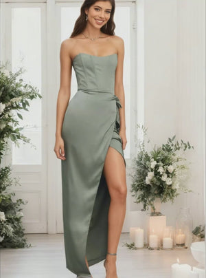 A-line Corset Jacquard Front-Slit Satin Strapless Bridesmaid Dress