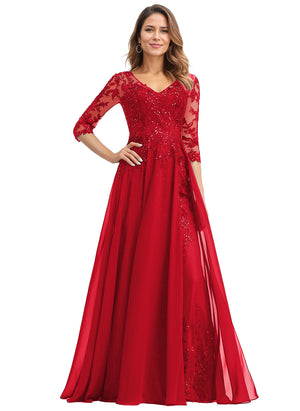 A-line V-Neck Floor-Length Lace Chiffon Mother of the Bride Dress With Sequins
