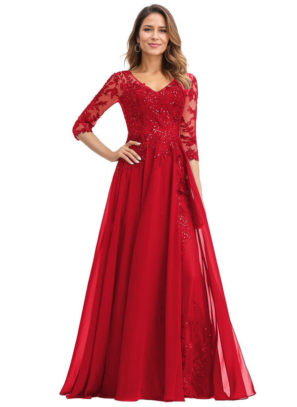 A-line V-Neck Floor-Length Lace Chiffon Mother of the Bride Dress With Sequins