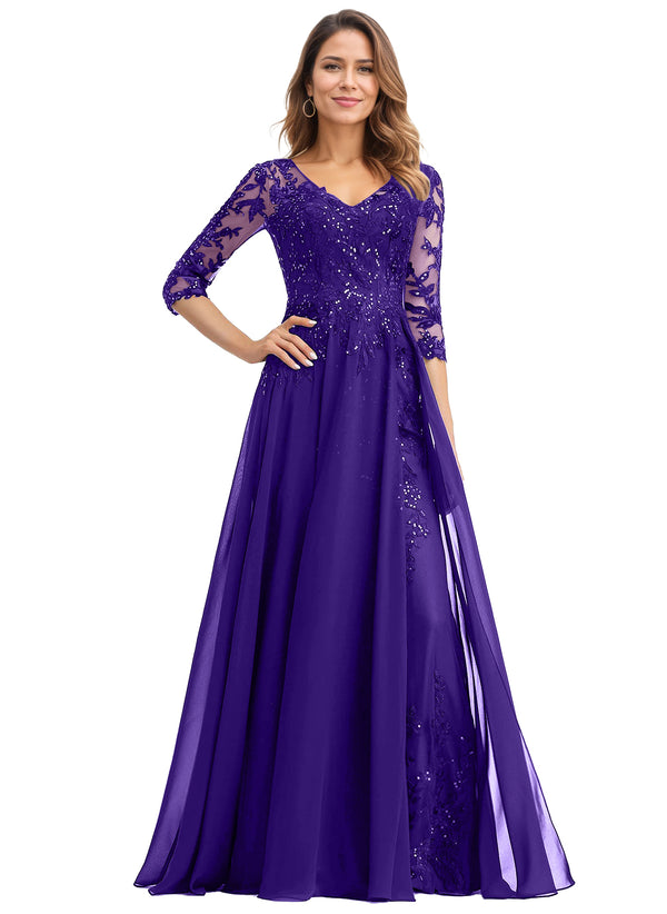 A-line V-Neck Floor-Length Lace Chiffon Mother of the Bride Dress With Sequins