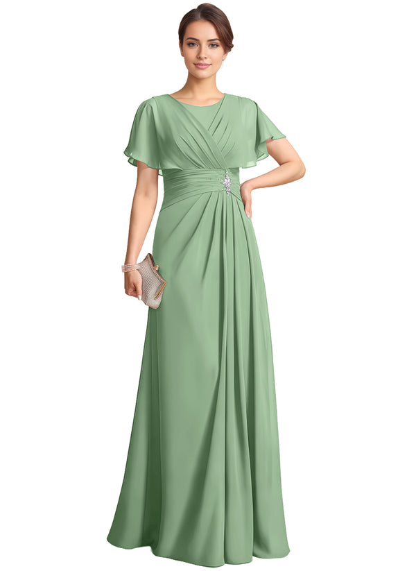 A-line Scoop Floor-Length Chiffon Mother of the Bride Dress With Pleated Beading