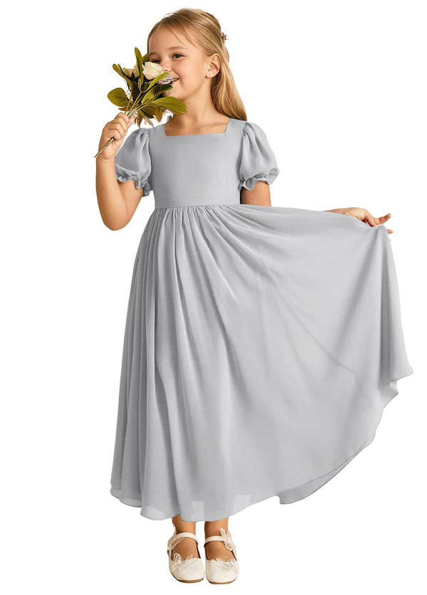 A-line Scoop-Neck Short Sleeves Chiffon Junior Bridesmaid Dress