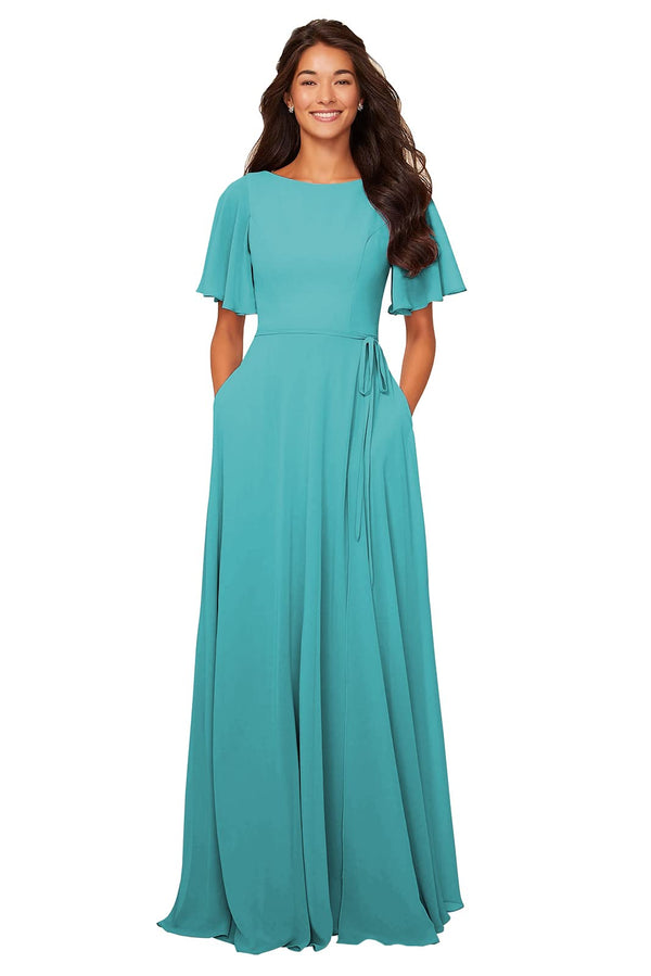 A-line Scoop Floor-Length Chiffon Bridesmaid Dress With Ruffle