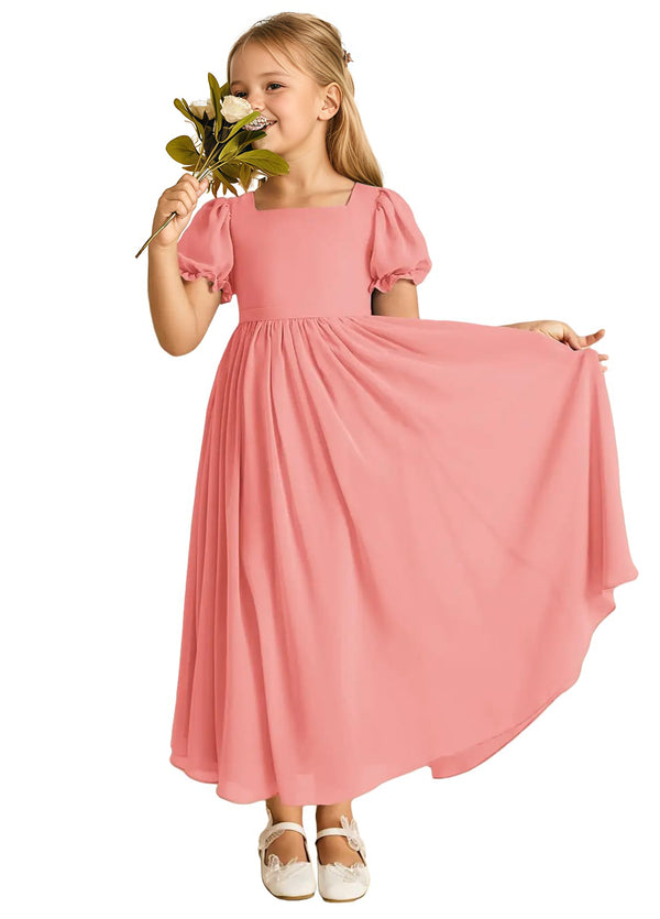 A-line Scoop-Neck Short Sleeves Chiffon Junior Bridesmaid Dress