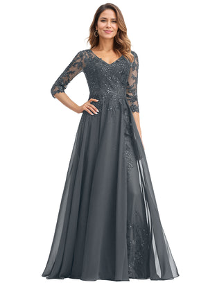 A-line V-Neck Floor-Length Lace Chiffon Mother of the Bride Dress With Sequins