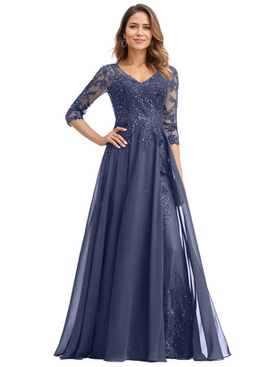 A-line V-Neck Floor-Length Lace Chiffon Mother of the Bride Dress With Sequins