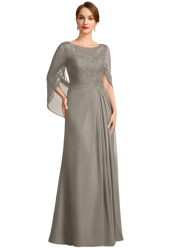 A-line Scoop Illusion Floor-Length Lace Chiffon Mother of the Bride Dress With Sequins Pleated